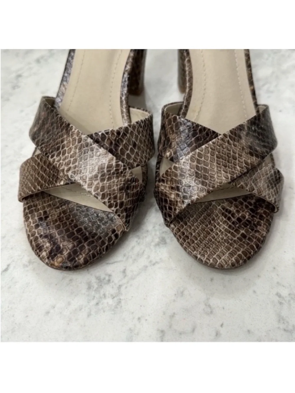 Rialto Snake Print Faux Leather Heels/Sandals Sz 6.5 Brown Beige Ankle Strap